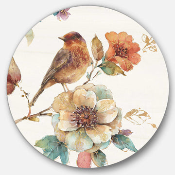 Farmhouse Bird on Flower Branch - Animal Round Metal Wall Art